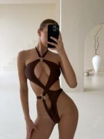 Женский Сдельный Коричневый Купальник с Переплетами и Кольцами
