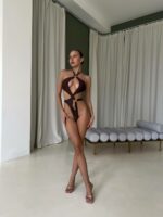 Женский Сдельный Коричневый Купальник с Переплетами и Кольцами