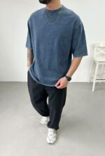 Мужская Синяя Футболка Оверсайз - Хлопковая Свободная с Надписью