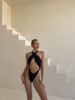 Женский Сдельный Черный Купальник с Переплетом и Открытой Спиной