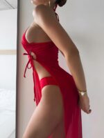 Женский Раздельный Красный Купальник Треугольник Шторки + Длинная Полупрозрачная Накидка