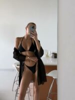 Женский Раздельный Черный Купальник Треугольник на Завязках + Легкая Полупрозрачная Накидка