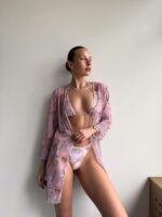 Женский Раздельный Розовый Купальник Треугольник в Принт на Завязках + Легкая Полупрозрачная Накидка