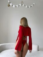 Женский Раздельный Красный Купальник на Завязках + Пляжный Сетчатый Костюм