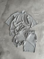 Мужской Серый Летний Костюм Комплект Футболка Шорты - Трикотаж в Широкий Рубчик
