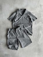 Мужской Серый Летний Костюм Хлопковый - Футболка с Воротником + Шорты на Резинке