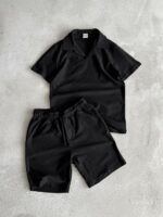 Мужской Черный Летний Костюм Хлопковый - Футболка с Воротником + Шорты на Резинке