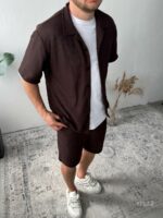 Мужской Летний Хлопковый Коричневый Костюм с Перфорацией (Рубашка + Шорты)