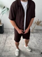 Мужской Летний Хлопковый Коричневый Костюм с Перфорацией (Рубашка + Шорты)