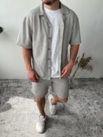 Мужской Летний Хлопковый Серый Костюм с Перфорацией (Рубашка + Шорты)