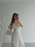 Женское Летнее Белое Платье Миди с Цветочным Принтом и Разрезом на Ноге