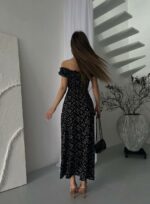 Женское Летнее Черное Платье Миди с Цветочным Принтом и Разрезом на Ноге