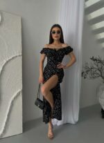 Женское Летнее Черное Платье Миди с Цветочным Принтом и Разрезом на Ноге