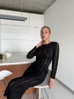 Женское Полупрозрачное Черное Пляжное Платье Миди с Открытой Спиной и Длинными Рукавами