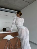 Женское Полупрозрачное Белое Пляжное Платье Миди с Открытой Спиной и Длинными Рукавами
