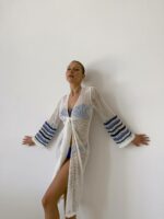 Женская Белая Сетчатая Пляжная Накидка на Завязке с Рукавами Клеш