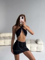 Женский Раздельный Черный Купальник Тройка с Контрастными Швами