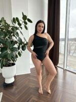 Женский Сдельный Черный Купальник на Одно Плечо с Прозрачными Вставками из Сеточки (Большие Размеры)