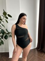 Женский Сдельный Черный Купальник на Одно Плечо с Прозрачными Вставками из Сеточки (Большие Размеры)