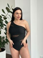 Женский Сдельный Черный Купальник на Одно Плечо с Прозрачными Вставками из Сеточки (Большие Размеры)