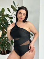 Женский Сдельный Черный Купальник на Одно Плечо с Прозрачными Вставками из Сеточки (Большие Размеры)