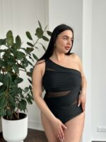 Женский Сдельный Черный Купальник на Одно Плечо с Прозрачными Вставками из Сеточки (Большие Размеры)