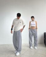 Женские Широкие Серые Спортивные Штаны Хлопок Оверсайз с Затяжками