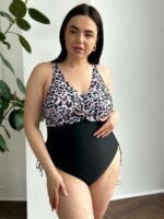 Женский Сдельный Черный Купальник с Леопардовым Верхом и Завязками (Большие Размеры)