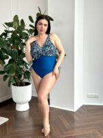 Женский Сдельный Синий Купальник с Леопардовым Верхом и Завязками