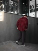 Мужская Хлопковая Красная Рубашка Оверсайз в Принт "Гусиная Лапка"