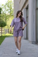 Женский Базовый Фиолетовый Летний Костюм - Комплект Футболка Шорты Оверсайз