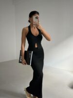 Женский Трикотажный Черный Костюм - Топ с Вырезами + Длинная Юбка