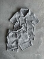 Мужской Серый Летний Костюм Футболка Шорты - Трикотажный в Рубчик с Воротнико