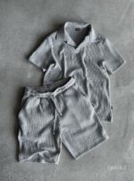 Мужской Серый Летний Костюм Футболка Шорты - Трикотажный в Рубчик с Воротнико
