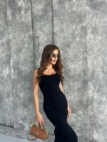 Женское Длинное Облегающее Черное Платье с Тонкими Лямками