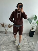 Мужской Коричневый Костюм с Кантом - Комплект Худи Шорты