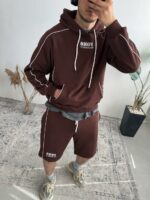 Мужской Коричневый Костюм с Кантом - Комплект Худи Шорты