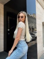 Женская Вязаная Ажурная Бежевая Футболка - Укороченная на Пуговицах с V-образным Вырезом