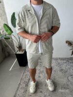Мужской Бежевый Летний Костюм Рубашка Шорты Свобожного Кроя в Мелкую Полоску