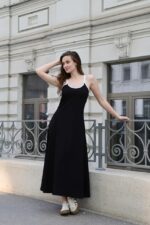 Женское Длинное Черное Платье-Майка Свободного Кроя с Окантовкой