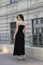 Женское Длинное Черное Платье-Майка Свободного Кроя с Окантовкой