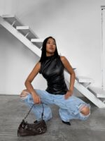 Женский Асимметричный Кожаный Черный Топ