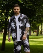 Мужской Летний Черный Комплект Рубашка Шорты Оверсайз в Принт Листья