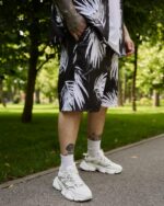 Мужской Летний Черный Комплект Рубашка Шорты Оверсайз в Принт Листья