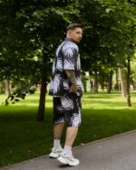 Мужской Летний Черный Комплект Рубашка Шорты Оверсайз в Принт Листья