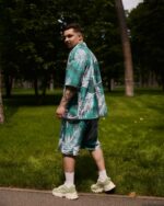 Мужской Летний Зеленый Комплект Рубашка Шорты Оверсайз в Принт Листья