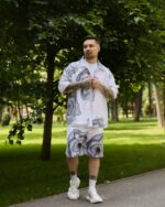 Мужской Летний Белый Комплект Рубашка Шорты Оверсайз в Принт Разводы
