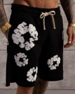 Мужские Черные Шорты Свободного Кроя с Принтом и Обрезанным Низом