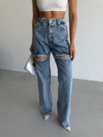 Женские Голубые Джинсы Палаццо с Вырезами Украшенные Стразами