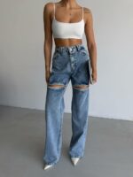 Женские Голубые Джинсы Палаццо с Вырезами Украшенные Стразами